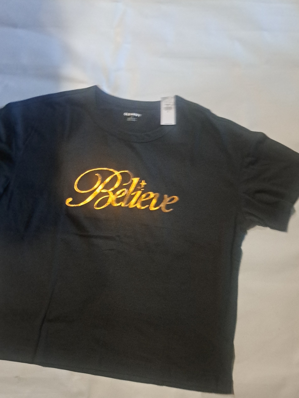 2 NWT Old Navy Black Tee with Gold "Believe" Script